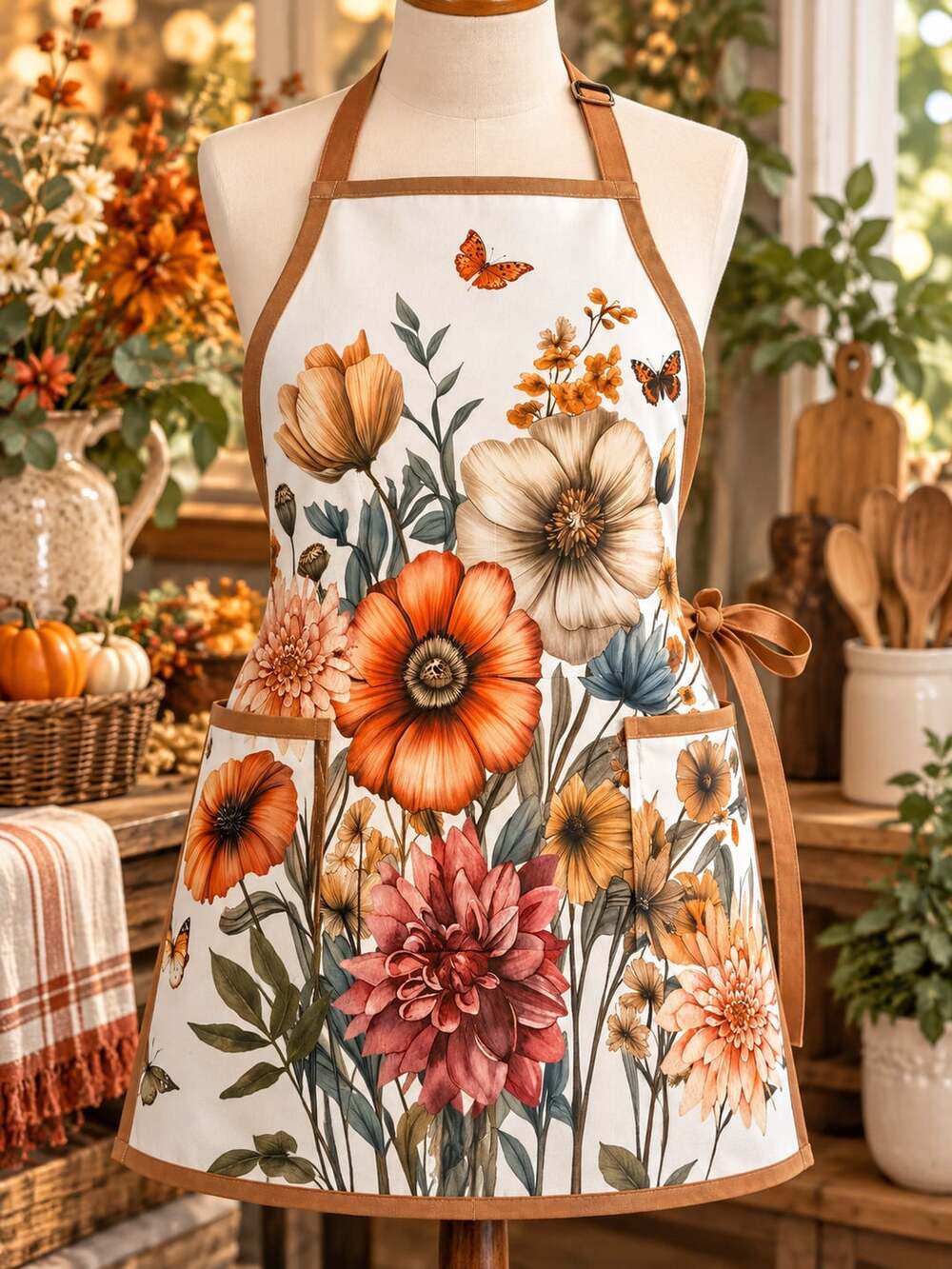 Unbranded Floral Wildflower Butterfly Print Kitchen Apron Pockets